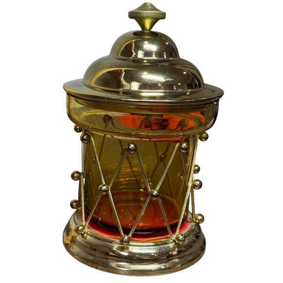 Schmid Bros Brass Glass Musical Box Candy Jar Drum Spoon Full Of Sugar MCM Japan - Picture 2 of 9